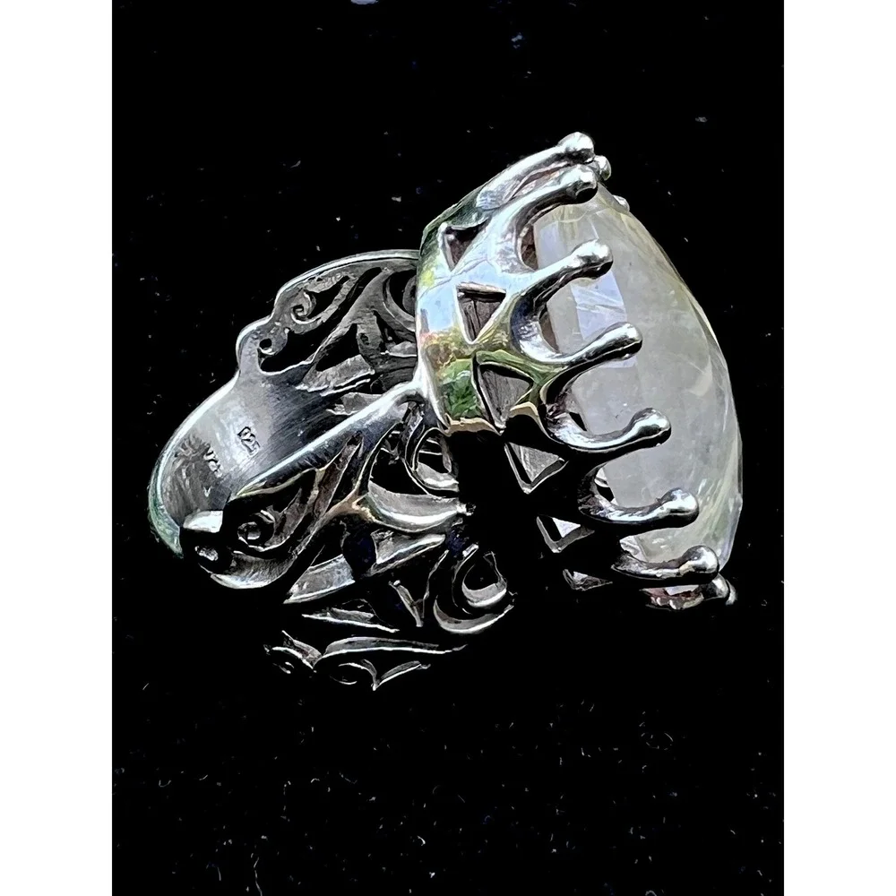925 Sterling Silver Rutilated Quartz Vintage Filigree Crown Statement Ring